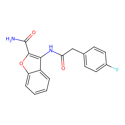 3-(2-(4-Fluorophenyl)acetamido)benzofuran-2-carboxamide structure