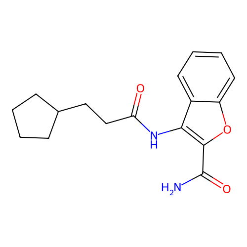 3-(3-Cyclopentylpropanamido)benzofuran-2-carboxamide structure