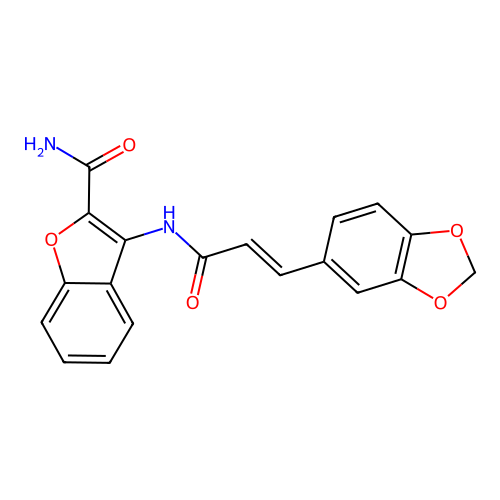 (E)-3-(3-(benzo[d][1,3]dioxol-5-yl)acrylamido)benzofuran-2-carboxamide structure