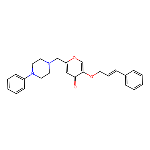 5-(cinnamyloxy)-2-((4-phenylpiperazin-1-yl)methyl)-4H-pyran-4-one structure