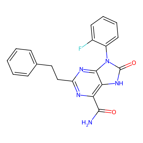 9-(2-fluorophenyl)-8-oxo-2-phenethyl-8,9-dihydro-7H-purine-6-carboxamide structure