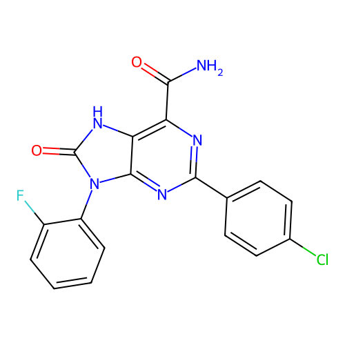 2-(4-chlorophenyl)-9-(2-fluorophenyl)-8-oxo-8,9-dihydro-7H-purine-6-carboxamide structure