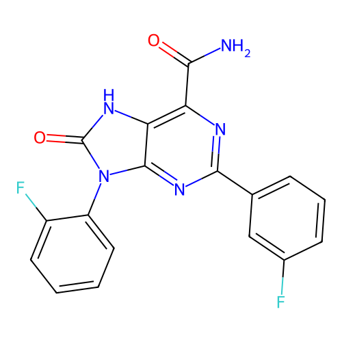 9-(2-fluorophenyl)-2-(3-fluorophenyl)-8-oxo-8,9-dihydro-7H-purine-6-carboxamide structure