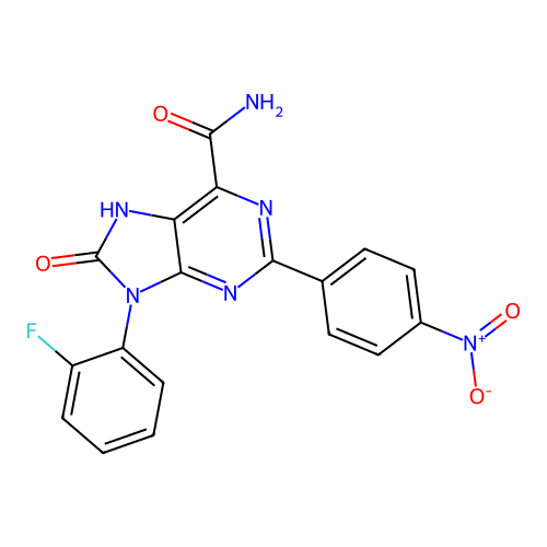 9-(2-fluorophenyl)-2-(4-nitrophenyl)-8-oxo-8,9-dihydro-7H-purine-6-carboxamide structure