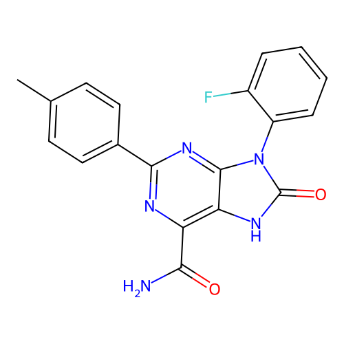 9-(2-fluorophenyl)-2-(4-methylphenyl)-8-oxo-7H-purine-6-carboxamide structure