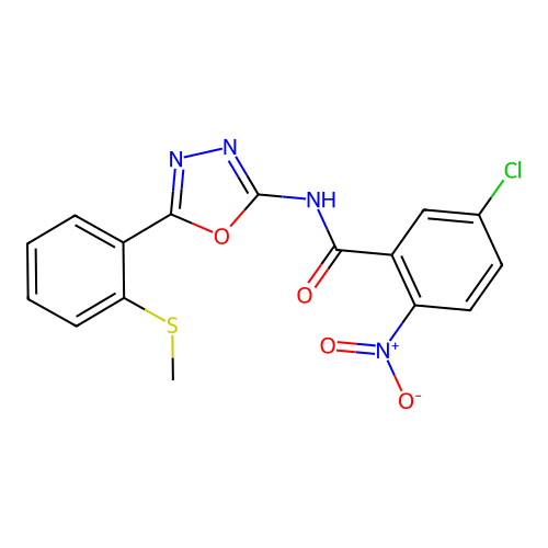 5-chloro-N-[5-(2-methylsulfanylphenyl)-1,3,4-oxadiazol-2-yl]-2-nitrobenzamide structure
