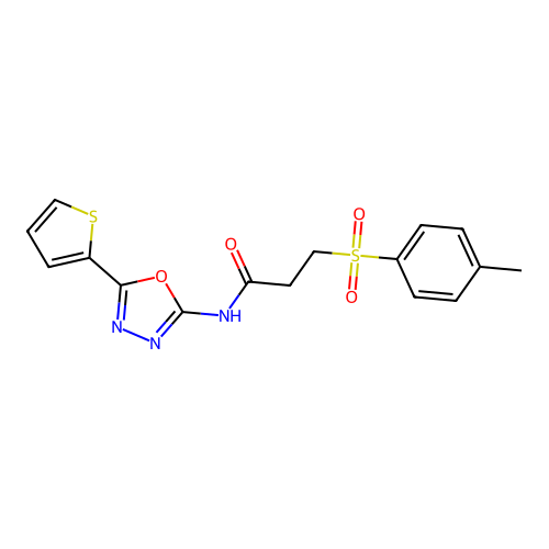 N-(5-(thiophen-2-yl)-1,3,4-oxadiazol-2-yl)-3-tosylpropanamide structure