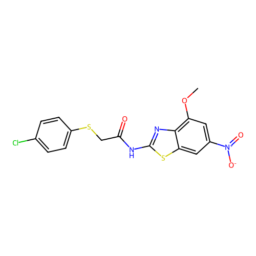 2-((4-chlorophenyl)thio)-N-(4-methoxy-6-nitrobenzo[d]thiazol-2-yl)acetamide structure