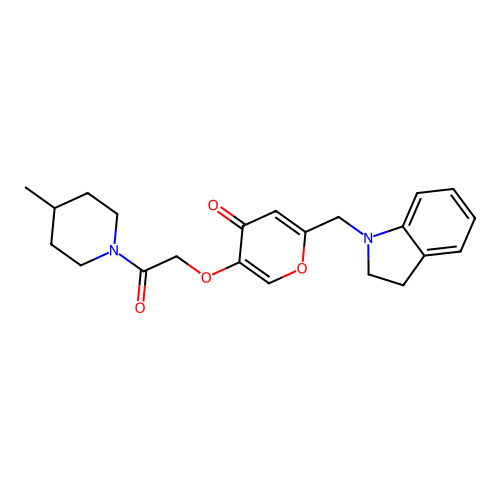 2-(indolin-1-ylmethyl)-5-(2-(4-methylpiperidin-1-yl)-2-oxoethoxy)-4H-pyran-4-one structure
