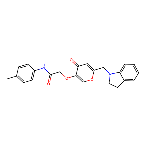 2-((6-(indolin-1-ylmethyl)-4-oxo-4H-pyran-3-yl)oxy)-N-(p-tolyl)acetamide structure