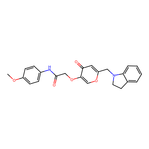 2-((6-(indolin-1-ylmethyl)-4-oxo-4H-pyran-3-yl)oxy)-N-(4-methoxyphenyl)acetamide structure
