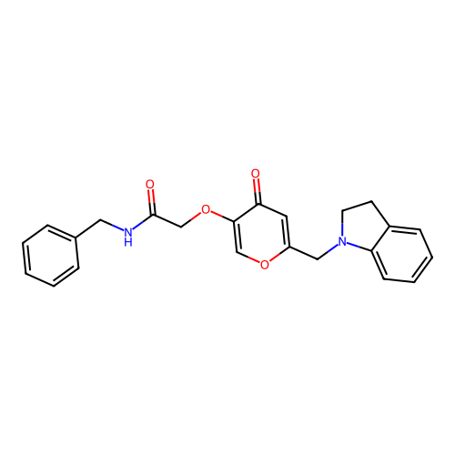 N-benzyl-2-((6-(indolin-1-ylmethyl)-4-oxo-4H-pyran-3-yl)oxy)acetamide structure