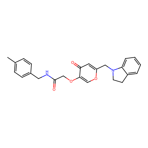 2-((6-(indolin-1-ylmethyl)-4-oxo-4H-pyran-3-yl)oxy)-N-(4-methylbenzyl)acetamide structure