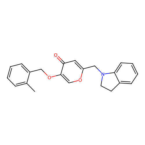 2-(indolin-1-ylmethyl)-5-((2-methylbenzyl)oxy)-4H-pyran-4-one structure