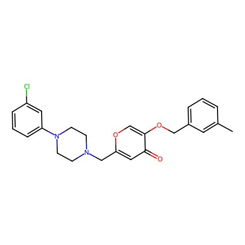 2-[[4-(3-chlorophenyl)piperazin-1-yl]methyl]-5-[(3-methylphenyl)methoxy]pyran-4-one structure