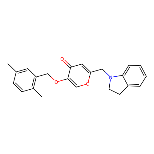 5-((2,5-dimethylbenzyl)oxy)-2-(indolin-1-ylmethyl)-4H-pyran-4-one structure