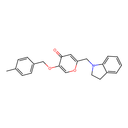 2-(indolin-1-ylmethyl)-5-((4-methylbenzyl)oxy)-4H-pyran-4-one structure