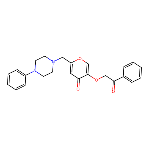5-(2-oxo-2-phenylethoxy)-2-((4-phenylpiperazin-1-yl)methyl)-4H-pyran-4-one structure