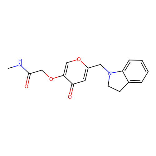 2-((6-(indolin-1-ylmethyl)-4-oxo-4H-pyran-3-yl)oxy)-N-methylacetamide structure
