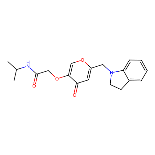 2-[6-(2,3-dihydroindol-1-ylmethyl)-4-oxopyran-3-yl]oxy-N-propan-2-ylacetamide structure