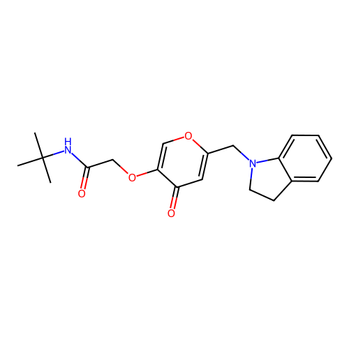 N-tert-butyl-2-[6-(2,3-dihydroindol-1-ylmethyl)-4-oxopyran-3-yl]oxyacetamide structure