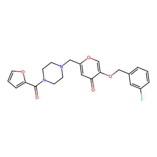5-((3-fluorobenzyl)oxy)-2-((4-(furan-2-carbonyl)piperazin-1-yl)methyl)-4H-pyran-4-one structure