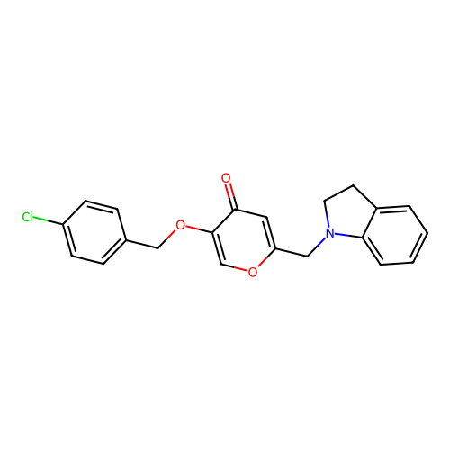 5-((4-chlorobenzyl)oxy)-2-(indolin-1-ylmethyl)-4H-pyran-4-one structure