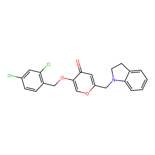 5-((2,4-dichlorobenzyl)oxy)-2-(indolin-1-ylmethyl)-4H-pyran-4-one structure