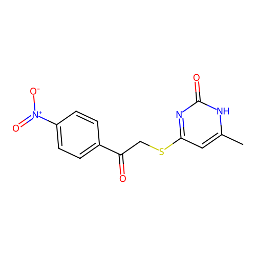 6-methyl-4-((2-(4-nitrophenyl)-2-oxoethyl)thio)pyrimidin-2(1H)-one structure