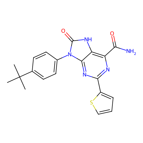 9-(4-tert-butylphenyl)-8-oxo-2-thiophen-2-yl-7H-purine-6-carboxamide structure
