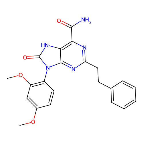 9-(2,4-dimethoxyphenyl)-8-oxo-2-phenethyl-8,9-dihydro-7H-purine-6-carboxamide structure