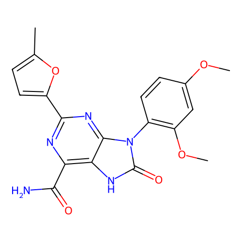 9-(2,4-dimethoxyphenyl)-2-(5-methylfuran-2-yl)-8-oxo-8,9-dihydro-7H-purine-6-carboxamide structure