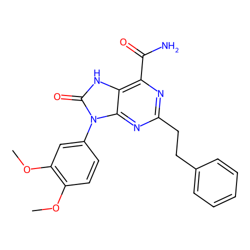 9-(3,4-dimethoxyphenyl)-8-oxo-2-phenethyl-8,9-dihydro-7H-purine-6-carboxamide structure