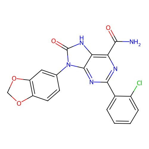 9-(1,3-benzodioxol-5-yl)-2-(2-chlorophenyl)-8-oxo-7H-purine-6-carboxamide structure