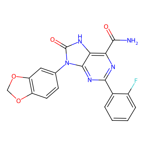 9-(1,3-benzodioxol-5-yl)-2-(2-fluorophenyl)-8-oxo-7H-purine-6-carboxamide structure