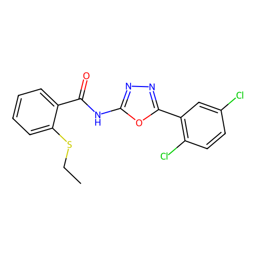 N-[5-(2,5-dichlorophenyl)-1,3,4-oxadiazol-2-yl]-2-ethylsulfanylbenzamide structure