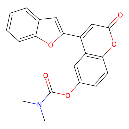 4-(benzofuran-2-yl)-2-oxo-2H-chromen-6-yl dimethylcarbamate structure