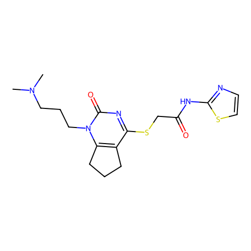 2-({1-[3-(dimethylamino)propyl]-2-oxo-1H,2H,5H,6H,7H-cyclopenta[d]pyrimidin-4-yl}sulfanyl)-N-(1,3-thiazol-2-yl)acetamide structure
