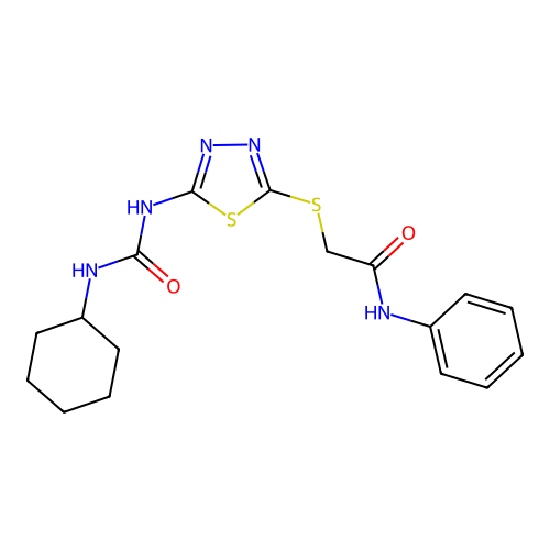 2-((5-(3-cyclohexylureido)-1,3,4-thiadiazol-2-yl)thio)-N-phenylacetamide structure
