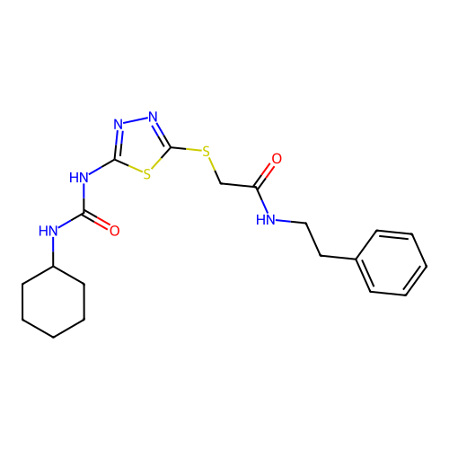 2-((5-(3-cyclohexylureido)-1,3,4-thiadiazol-2-yl)thio)-N-phenethylacetamide structure