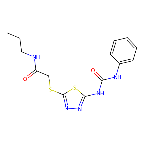 2-[[5-(phenylcarbamoylamino)-1,3,4-thiadiazol-2-yl]sulfanyl]-N-propylacetamide structure