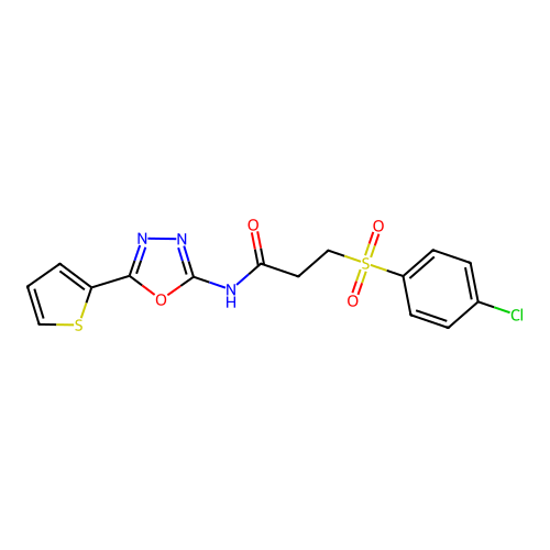 3-(4-chlorophenyl)sulfonyl-N-(5-thiophen-2-yl-1,3,4-oxadiazol-2-yl)propanamide structure