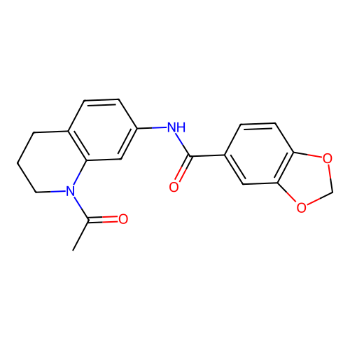 N-(1-acetyl-3,4-dihydro-2H-quinolin-7-yl)-1,3-benzodioxole-5-carboxamide structure