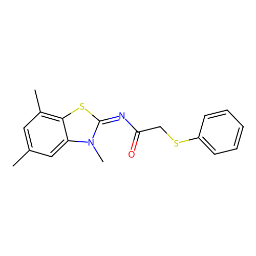 2-phenylsulfanyl-N-(3,5,7-trimethyl-1,3-benzothiazol-2-ylidene)acetamide structure