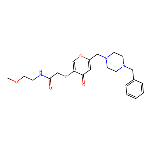 2-({6-[(4-benzylpiperazin-1-yl)methyl]-4-oxo-4H-pyran-3-yl}oxy)-N-(2-methoxyethyl)acetamide structure