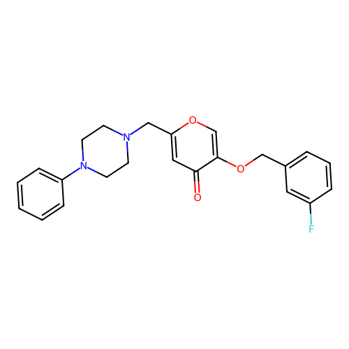 5-((3-fluorobenzyl)oxy)-2-((4-phenylpiperazin-1-yl)methyl)-4H-pyran-4-one structure