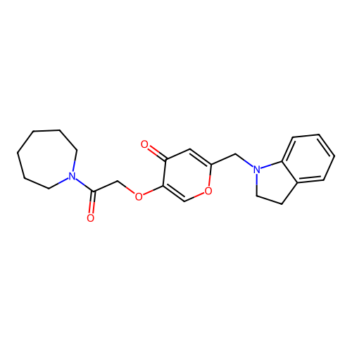 5-(2-(azepan-1-yl)-2-oxoethoxy)-2-(indolin-1-ylmethyl)-4H-pyran-4-one structure