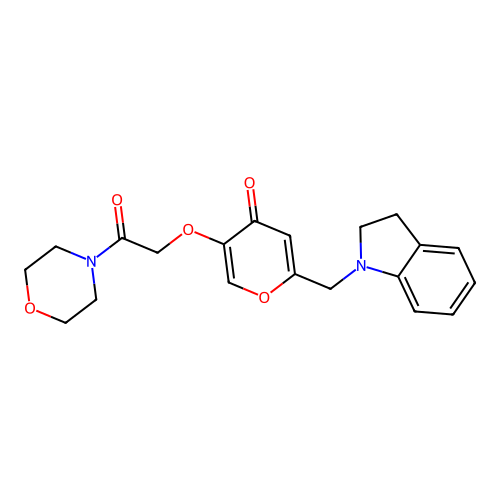 2-(indolin-1-ylmethyl)-5-(2-morpholino-2-oxoethoxy)-4H-pyran-4-one structure