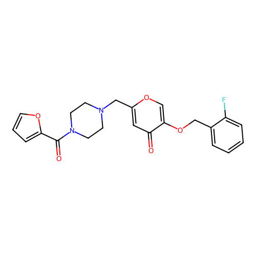 5-[(2-fluorophenyl)methoxy]-2-[[4-(furan-2-carbonyl)piperazin-1-yl]methyl]pyran-4-one structure