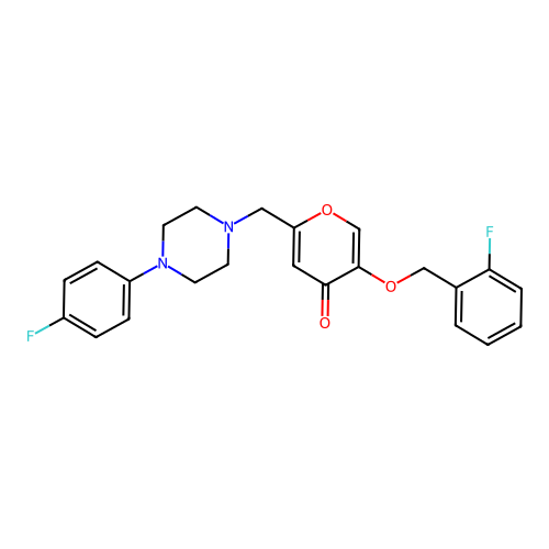5-((2-fluorobenzyl)oxy)-2-((4-(4-fluorophenyl)piperazin-1-yl)methyl)-4H-pyran-4-one structure